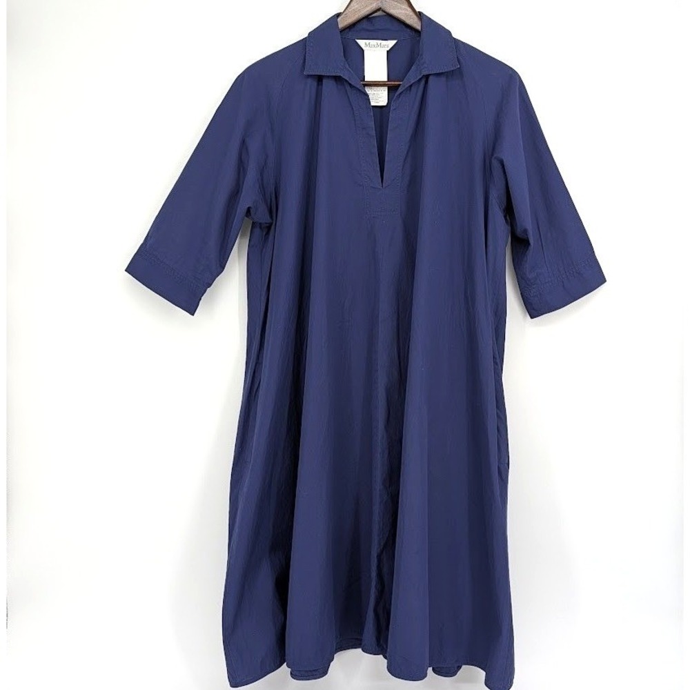 Max Mara Navy Blue Cotton Poplin Tunic Shirtdress Split Neck Pockets Sz 6